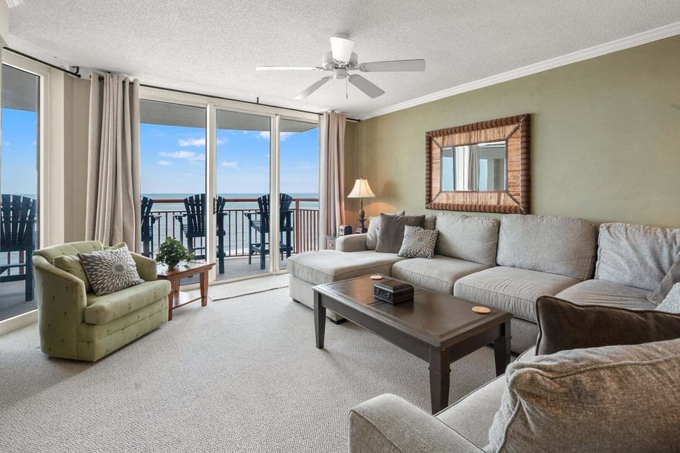 Ocean views from the living area of South Shore Villas 1207, a 4-bedroom oceanfront rental in North Myrtle Beach