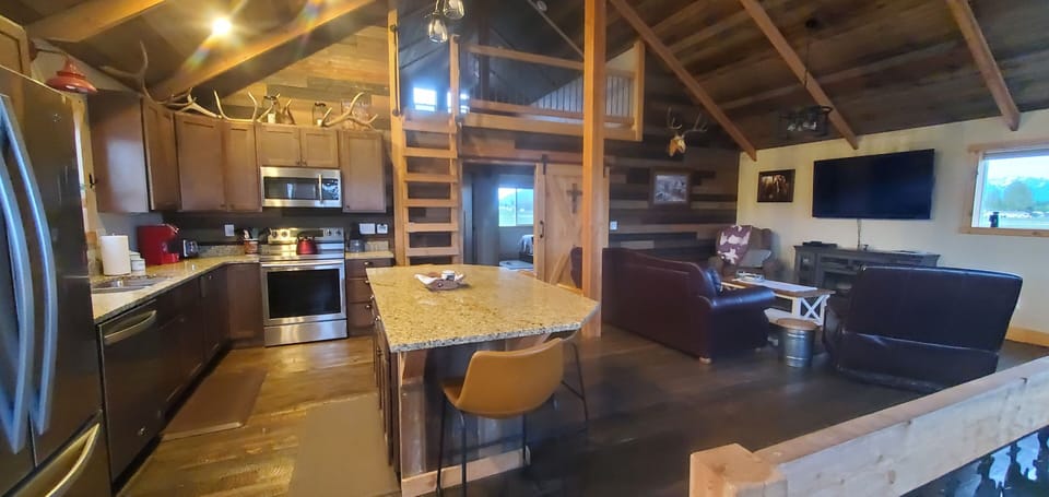 Open layout of barn apartment.