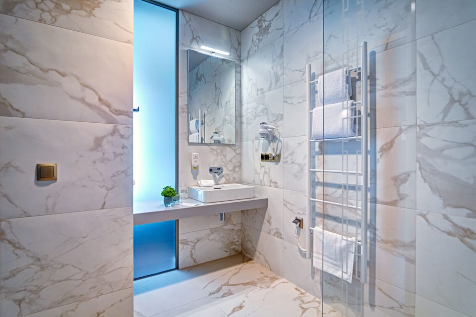 Hair dryer, towels, soap, shampoo