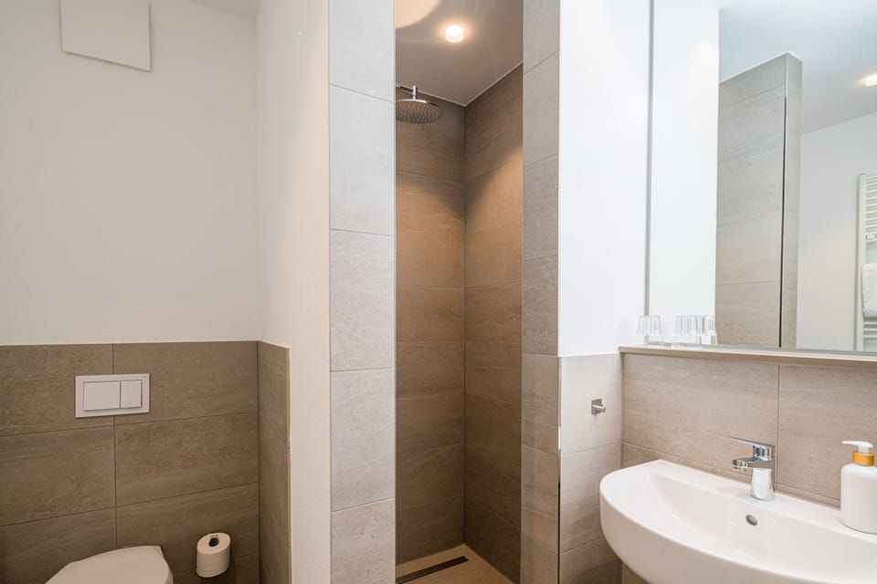 Shower, rainfall showerhead, hair dryer, heated floors (bathroom)
