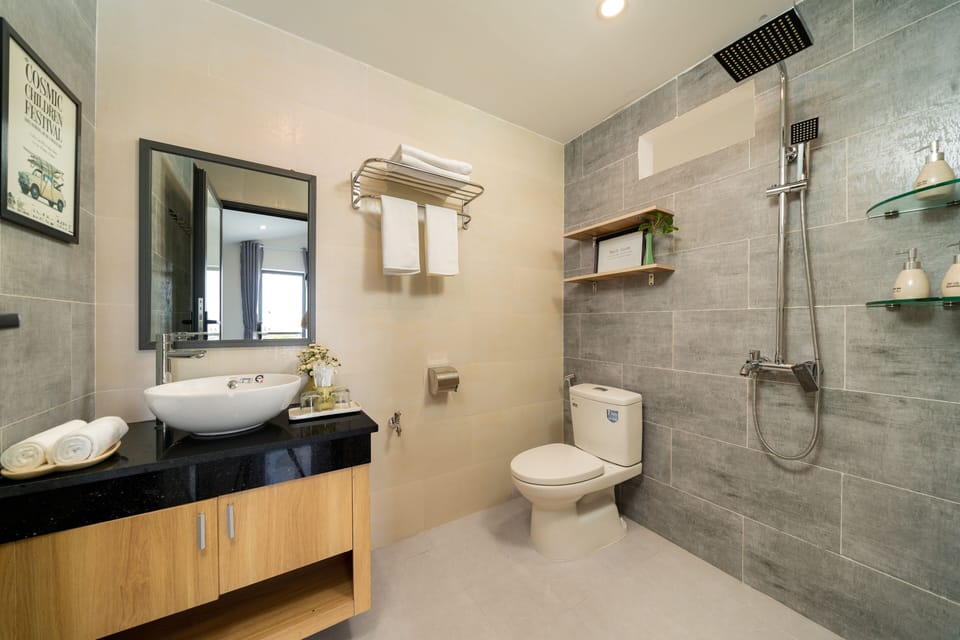 Shower, rainfall showerhead, hair dryer, slippers