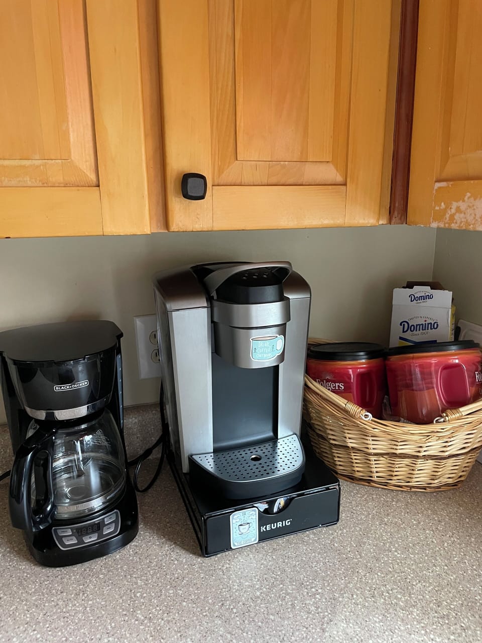 Keurig and drip coffee maker stocked with coffee