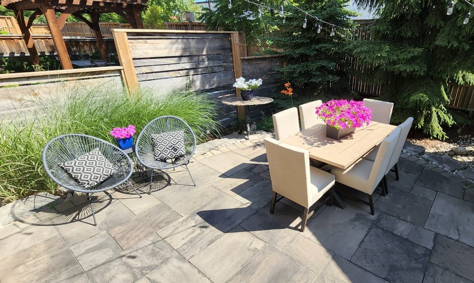 Approx. 250 sq ft of back yard, with seating areas, patio table