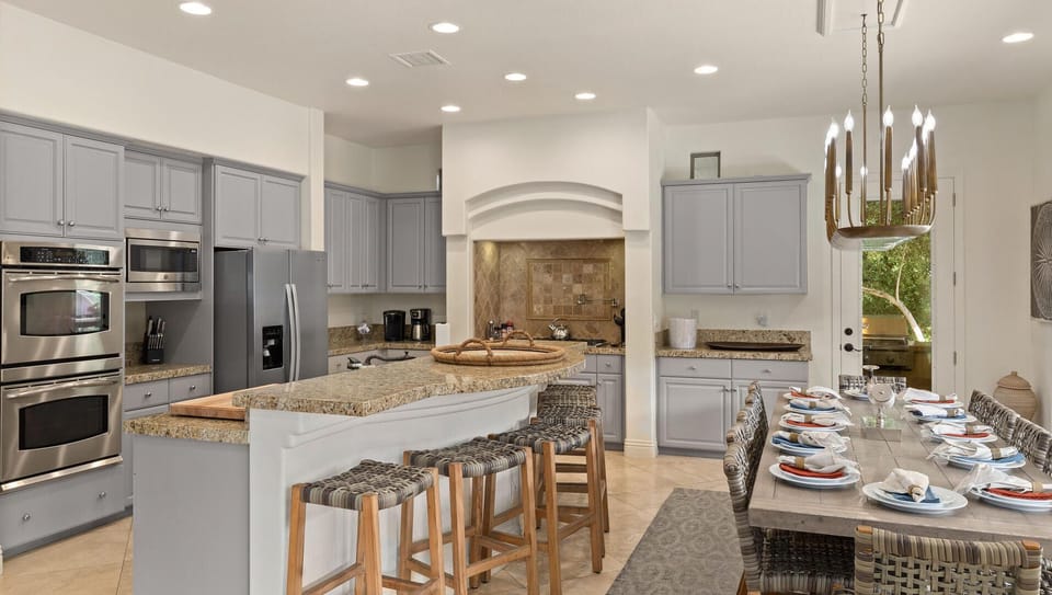 Kitchen barstools and dining table seating for 16