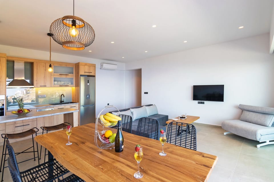 Modern fully equipped kitchen and living area of Spectacular Sea View Villa,Near Taverns & Sandy Beaches