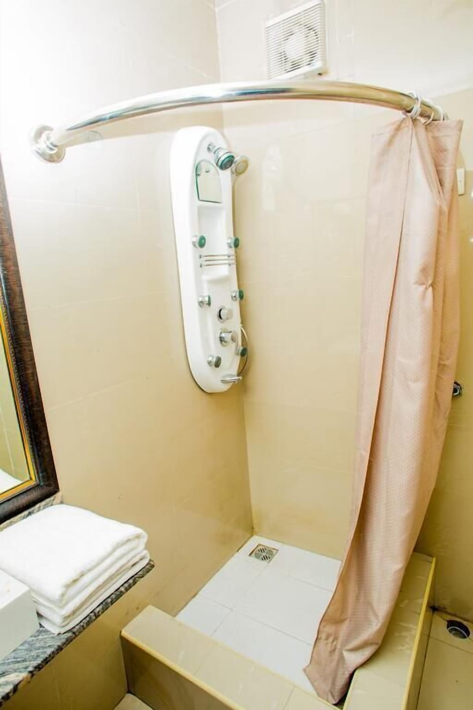 Shower, towels, soap, shampoo