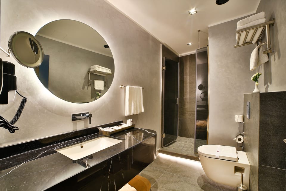 Shower, free toiletries, hair dryer, bathrobes