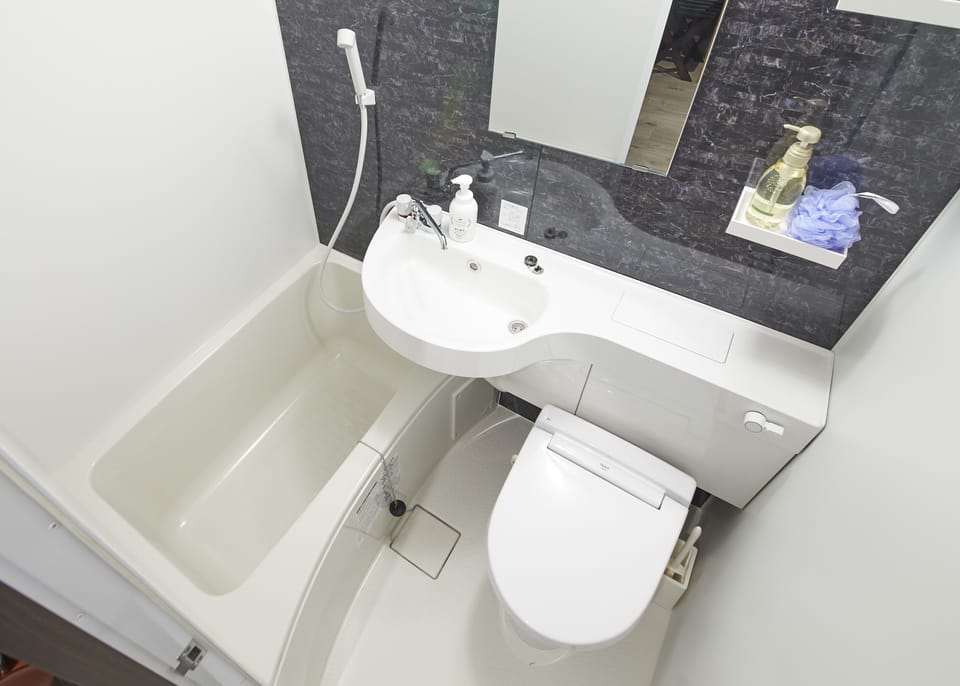 Combined shower/tub, free toiletries, hair dryer, slippers