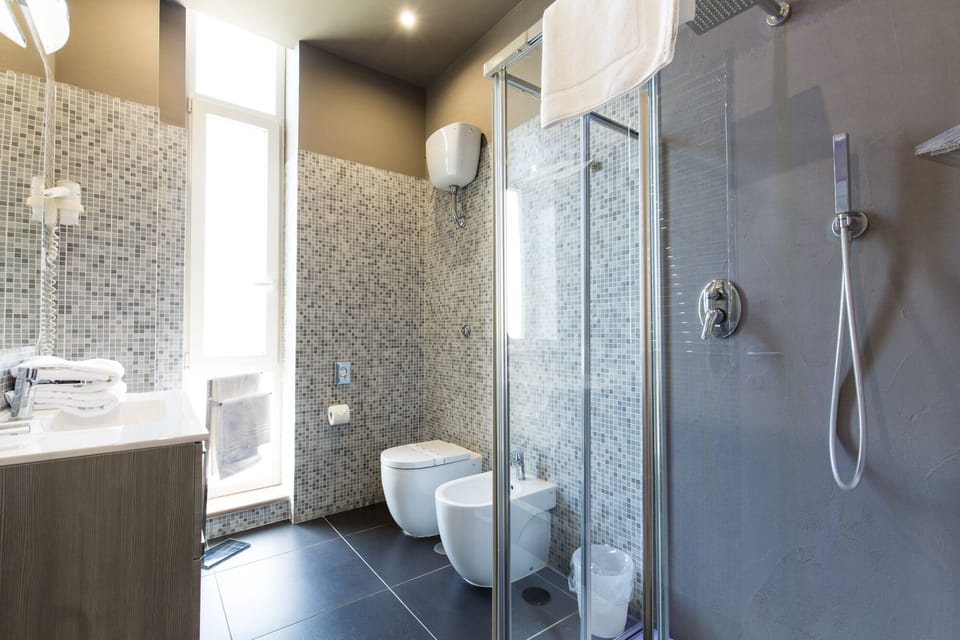 Shower, rainfall showerhead, hair dryer, slippers