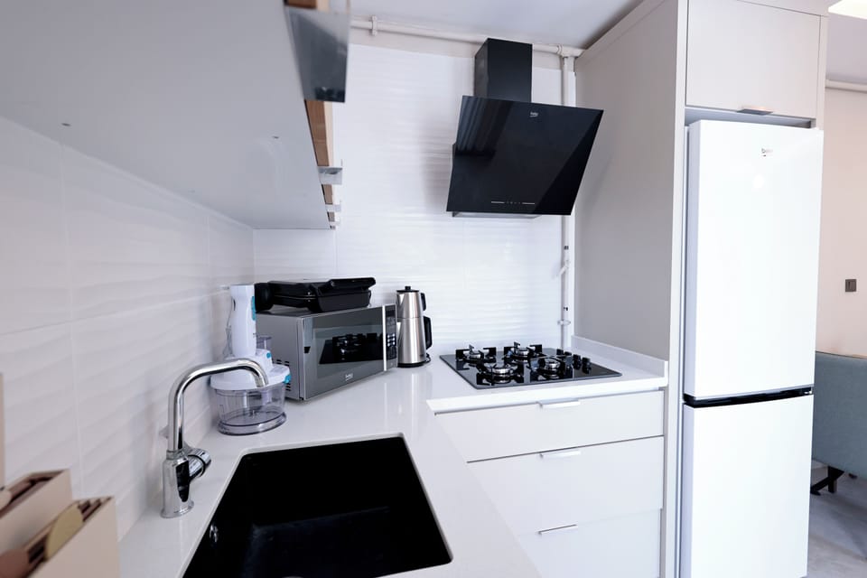 Full-size fridge, microwave, oven, stovetop