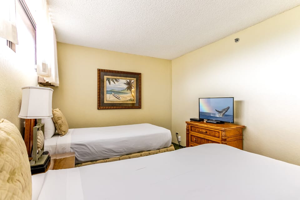 Your cozy retreat features two comfortable beds, tropical artwork, and a flat-screen TV—perfect for unwinding after a day of adventure.
