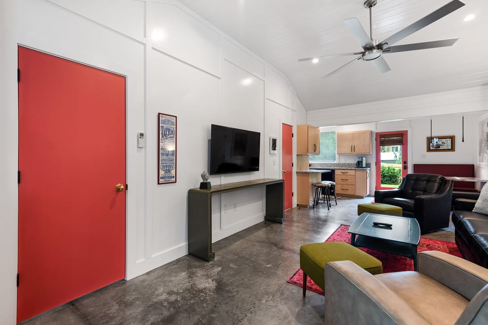 This shows how the living area flows into the kitchen