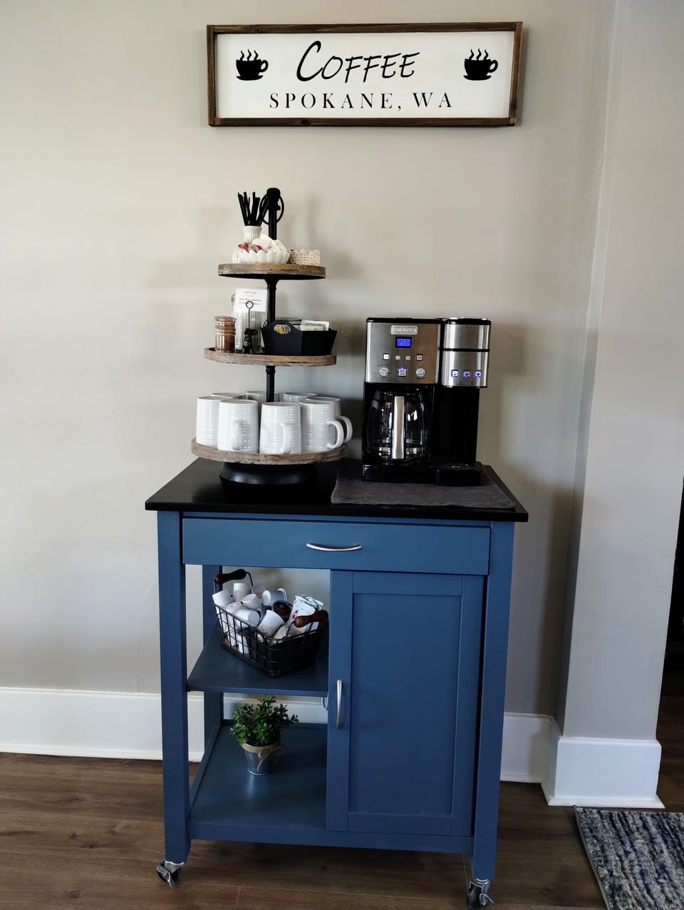 The coffee bar features coffee and fixings for tea and hot cocoa.