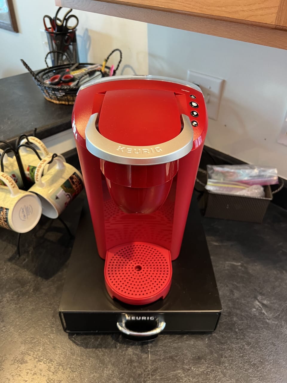 Keurig, minimal pods provided. 
