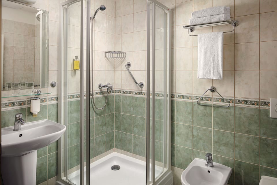 Shower, free toiletries, hair dryer, bidet