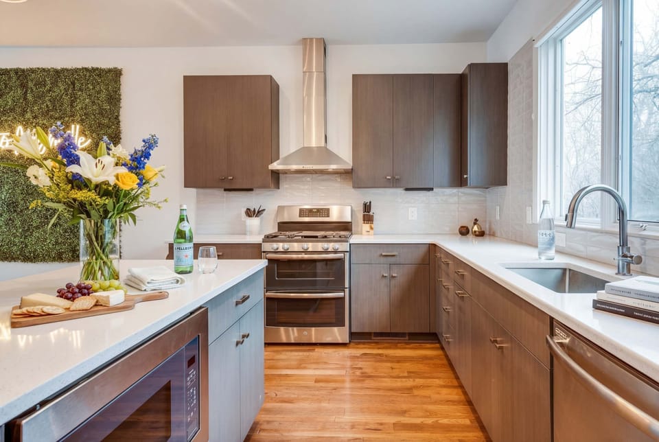 Dark wood cabinets, a full suite of cooking gear, and a vase of fresh flowers on the island set the tone for gathering in the kitchen
