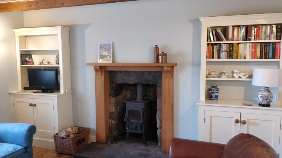 Living room with sofas and working stove