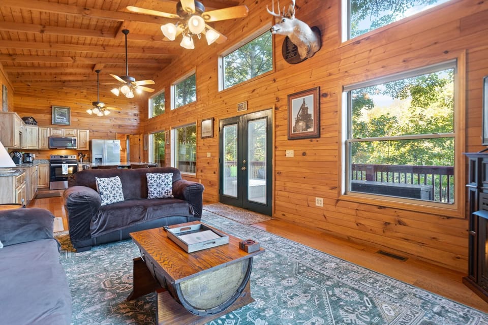 Sunlit living room with vaulted ceilings and cozy seating
