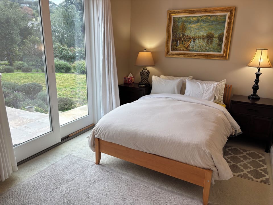 Second bedroom with full sized bed. 12’ tall ceiling.  Patio door leads to patio