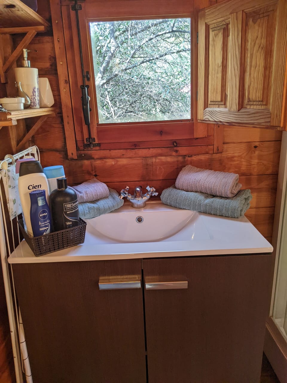 Power shower, wash basin & toilet in ajoining room