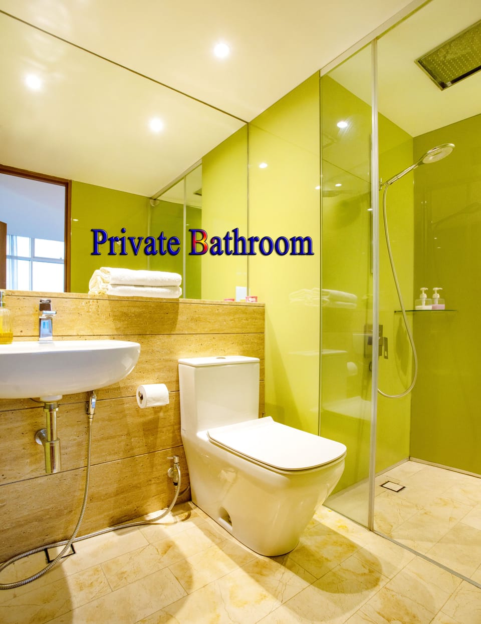 Shower, free toiletries, hair dryer, slippers