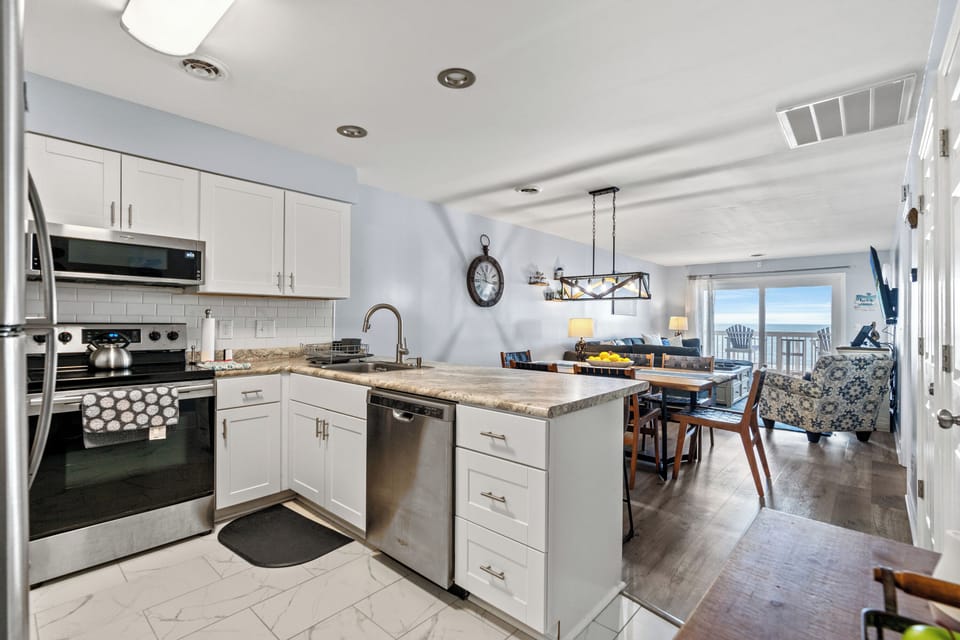 An updated kitchen makes preparing meals a breeze.
