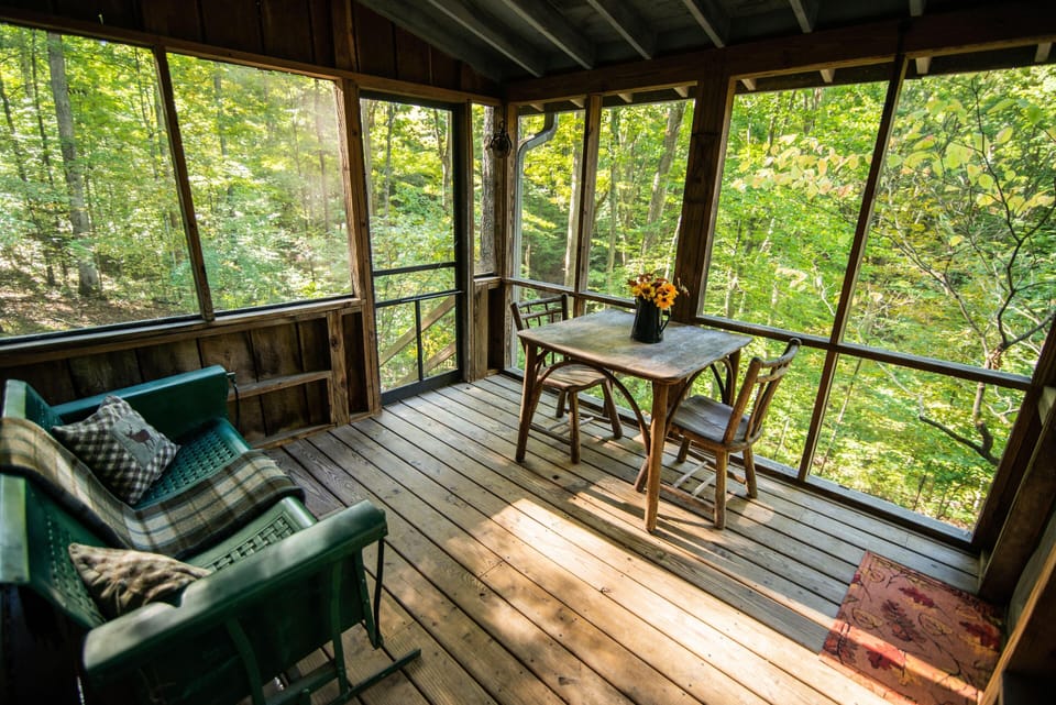 Screened porch with weathered wood floors, green woven loveseat, rustic table, and forest views through mesh panels.