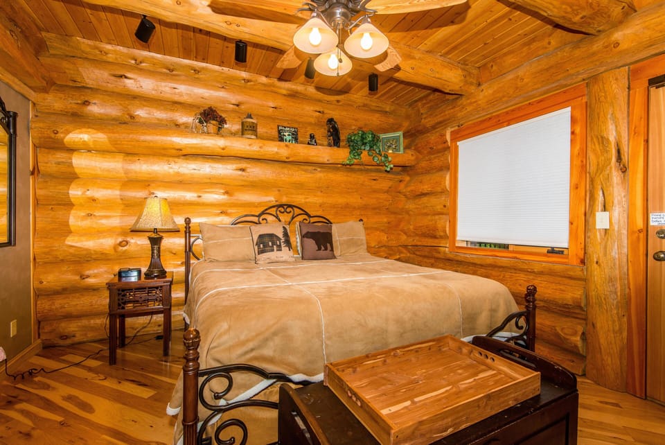 Log cabin bedroom features a metal-framed king bed with nature-themed pillows against polished log walls.