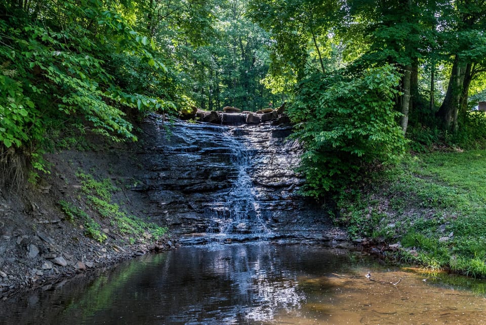 Small waterfall cascades over layered rock into a shallow pool surrounded by lush green trees and grass.
