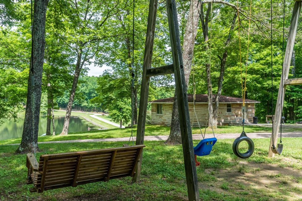 Wooden swing and three varied swings hang from a sturdy frame near shaded green lawn and lakefront path.