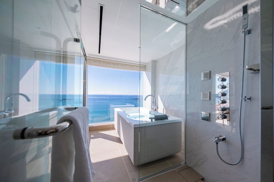Separate tub and shower, rainfall showerhead, free toiletries