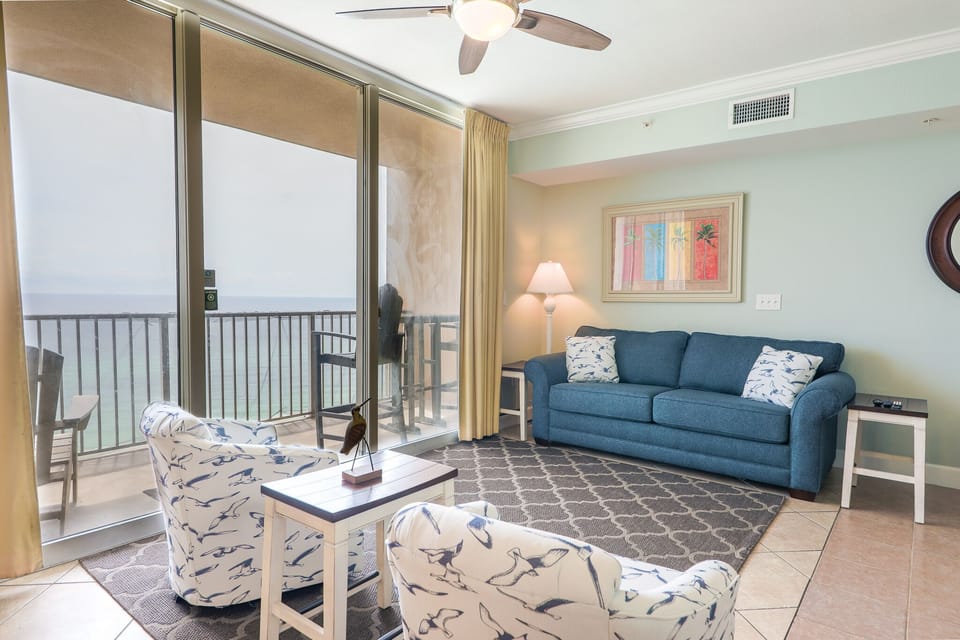 Gulf front Living Room. New Furniture with Swivel Chairs for  Cnversation or Watching TV