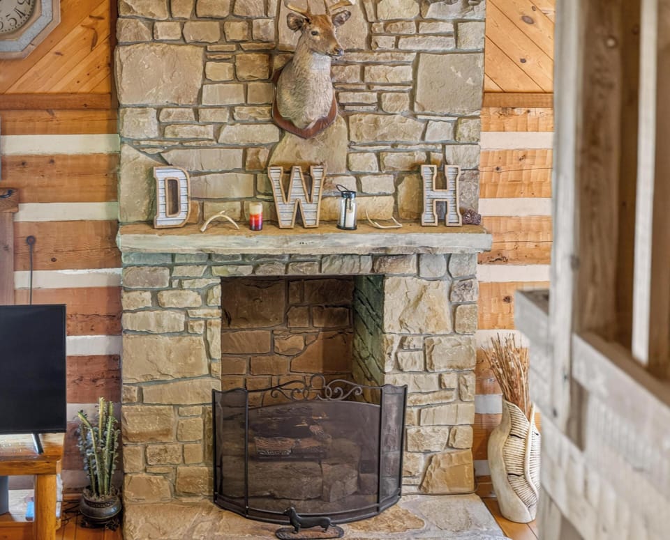 Stone fireplace with iron screen, mounted deer head, and wooden letters on the mantel in the living room.
