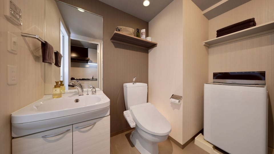 Combined shower/tub, free toiletries, hair dryer, slippers