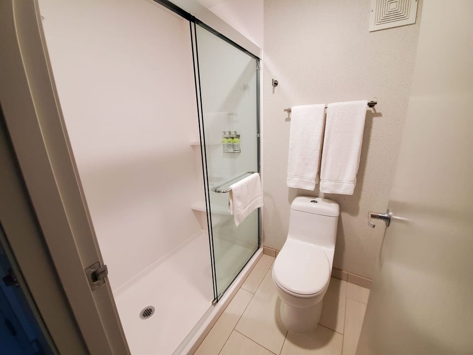 Designer toiletries, hair dryer, towels, soap