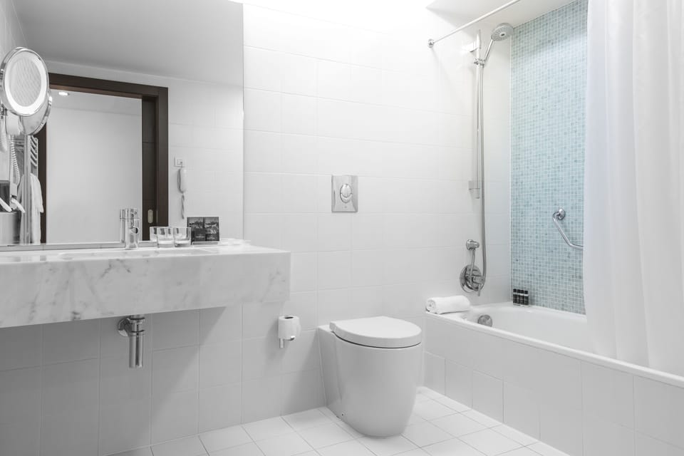 Combined shower/tub, free toiletries, hair dryer, bathrobes