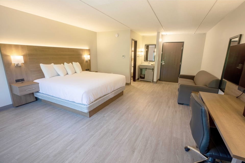 Down comforters, desk, laptop workspace, blackout drapes