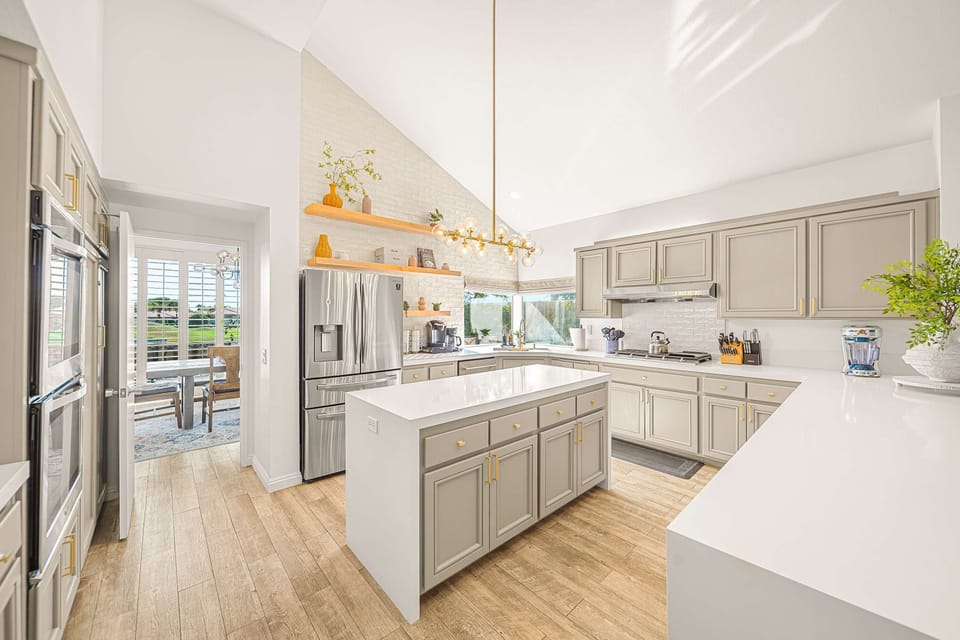 Large spacious kitchen with double island.