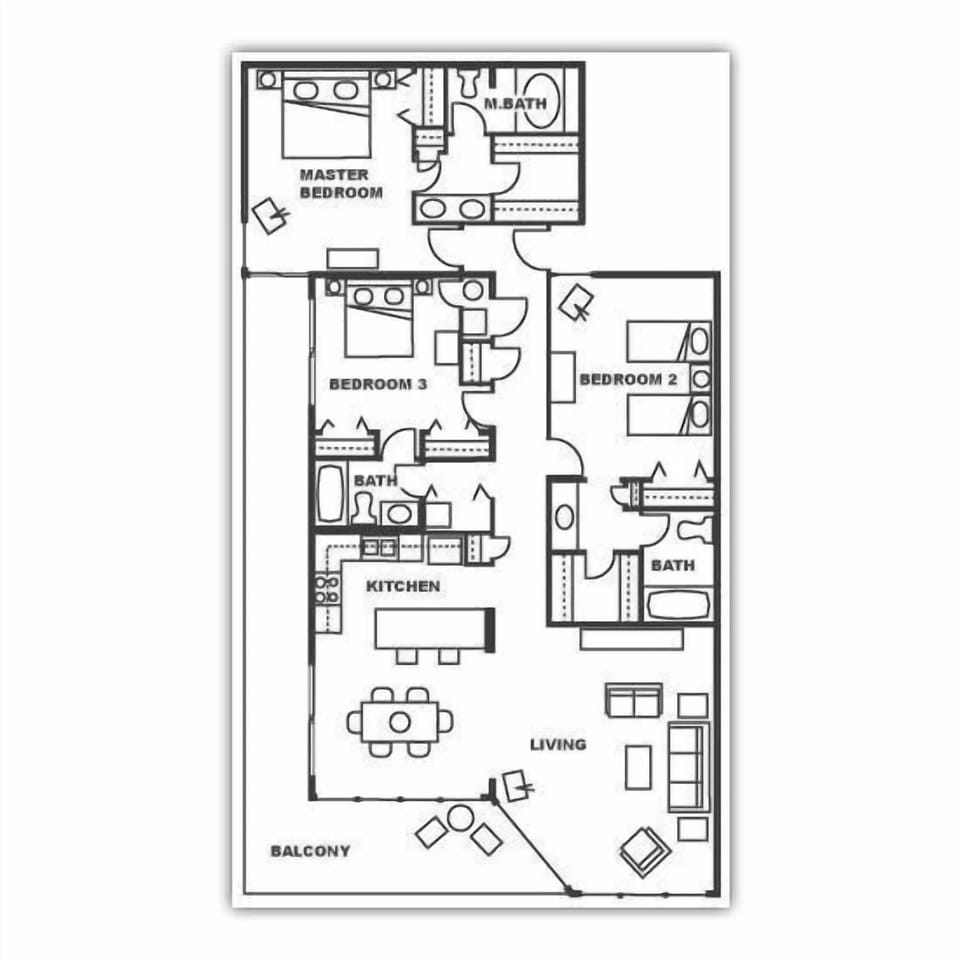 Example Floor Plan.  Please see our photos and descriptions for actual furnishings and placement.