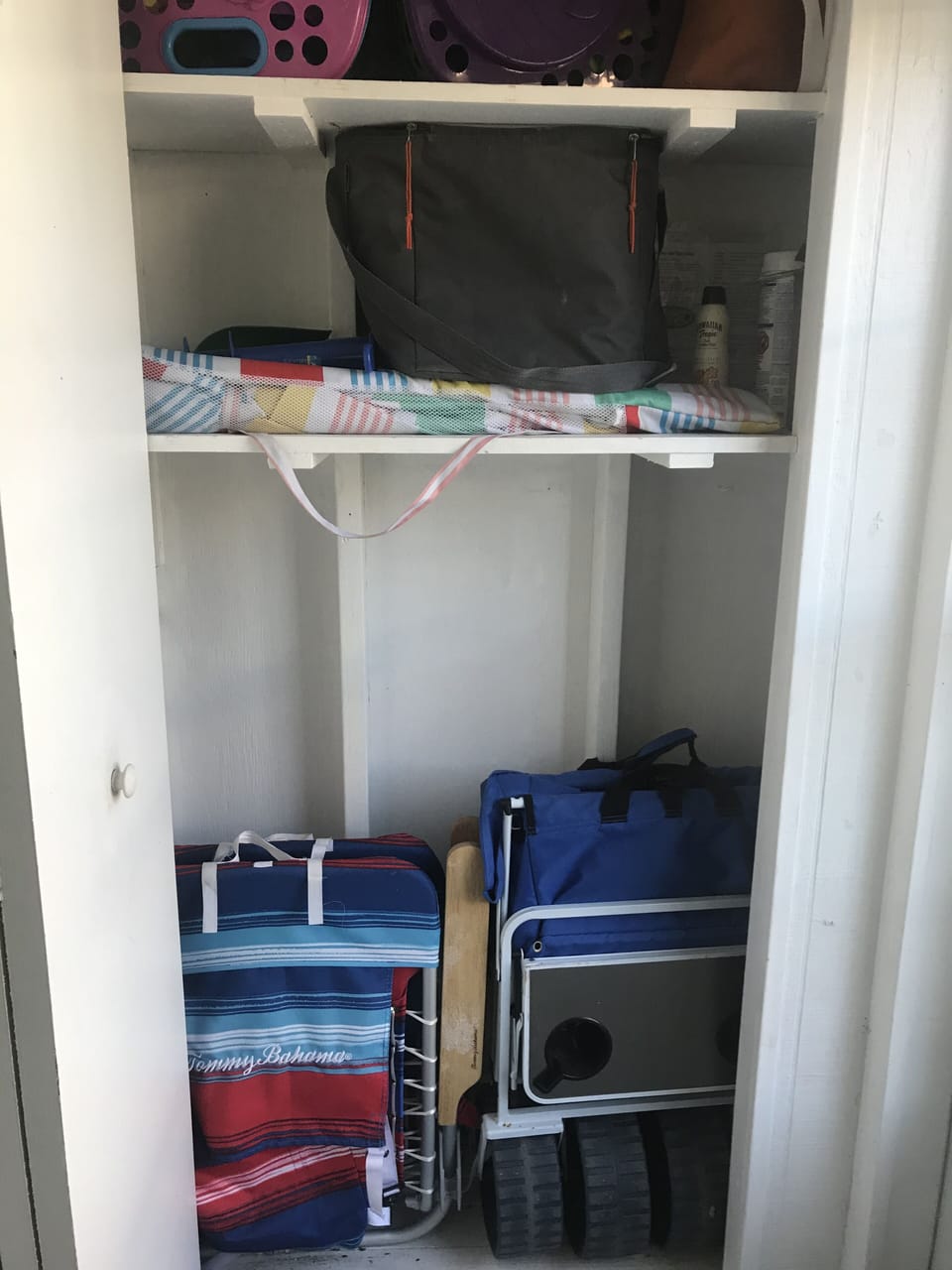 Beach chairs, beach wagon, umbrellas, coolers, buckets and shovels, beach towels