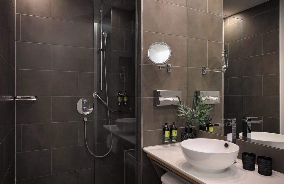 Hair dryer, towels, soap, shampoo