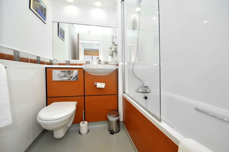 Combined shower/tub, free toiletries, hair dryer, towels