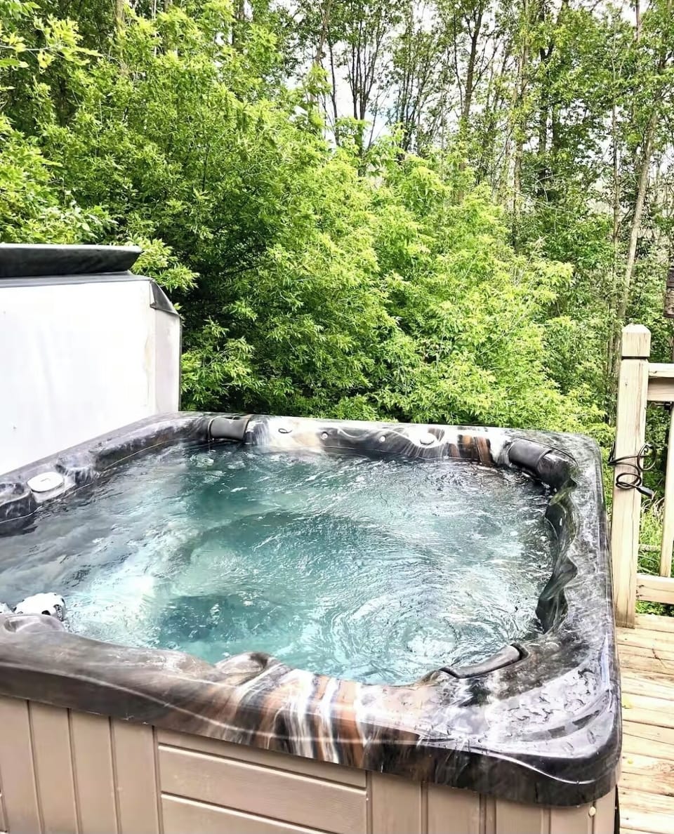 Enjoy the view of the woods in your eight person, hot tub
