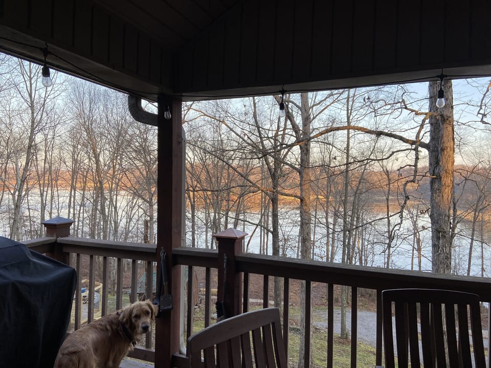 Beautiful winter view of the lake from the deck.