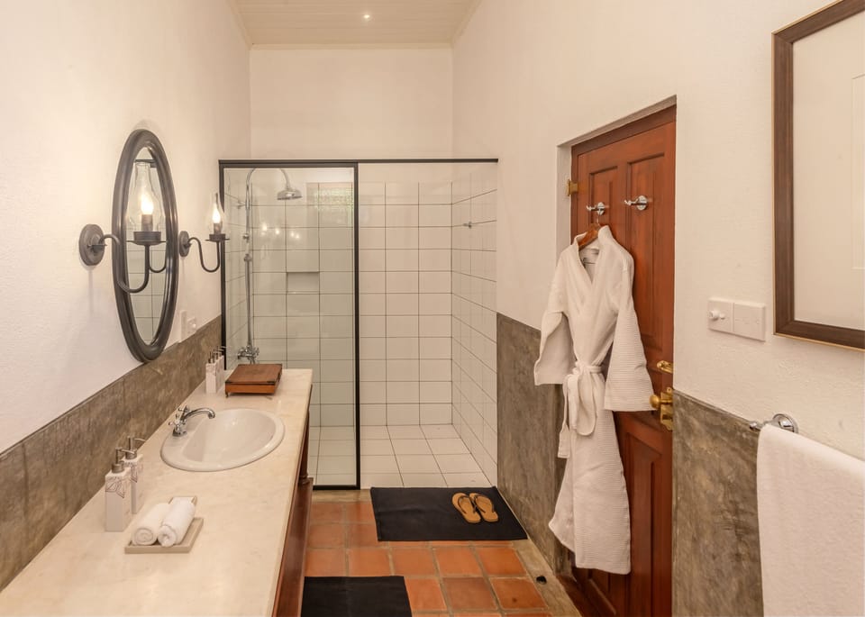 Shower, rainfall showerhead, hair dryer, bathrobes