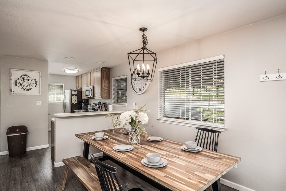 Large table for dining, seating for 6 or more. A high-chair is available for the littlest ones.