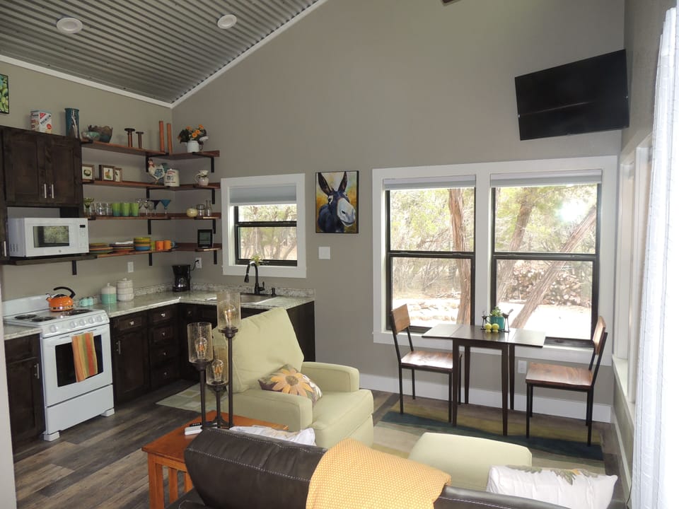 Open floor plan showing the full kitchen and living area