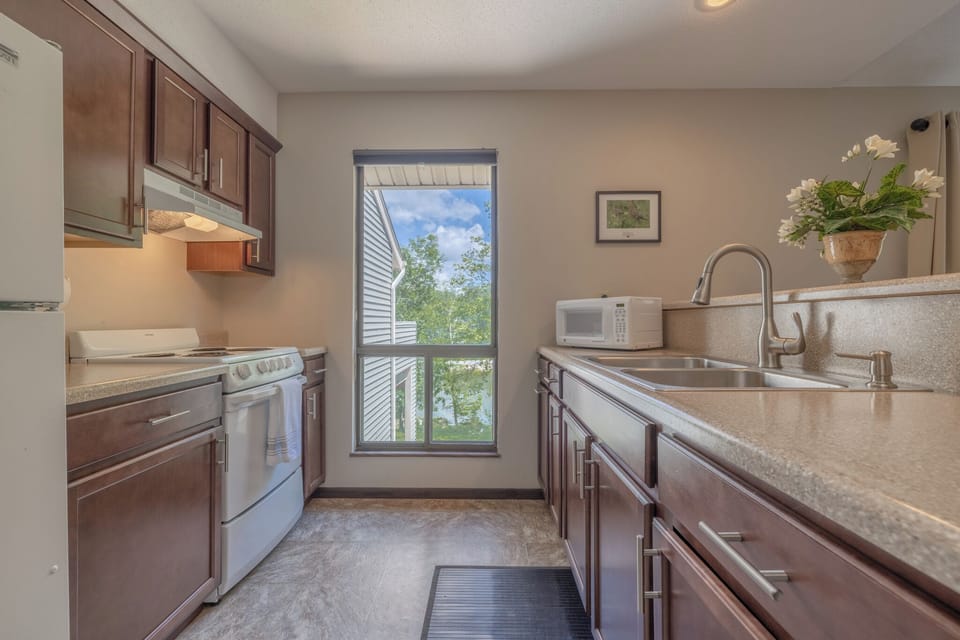 Fully equipped kitchen with views of Lake Aspen