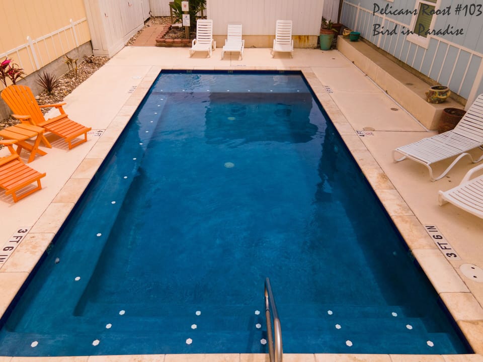 Pool has shower station, restroom and nice wide benches and full width and length steps. 
8' Sun Shelf at far end. 