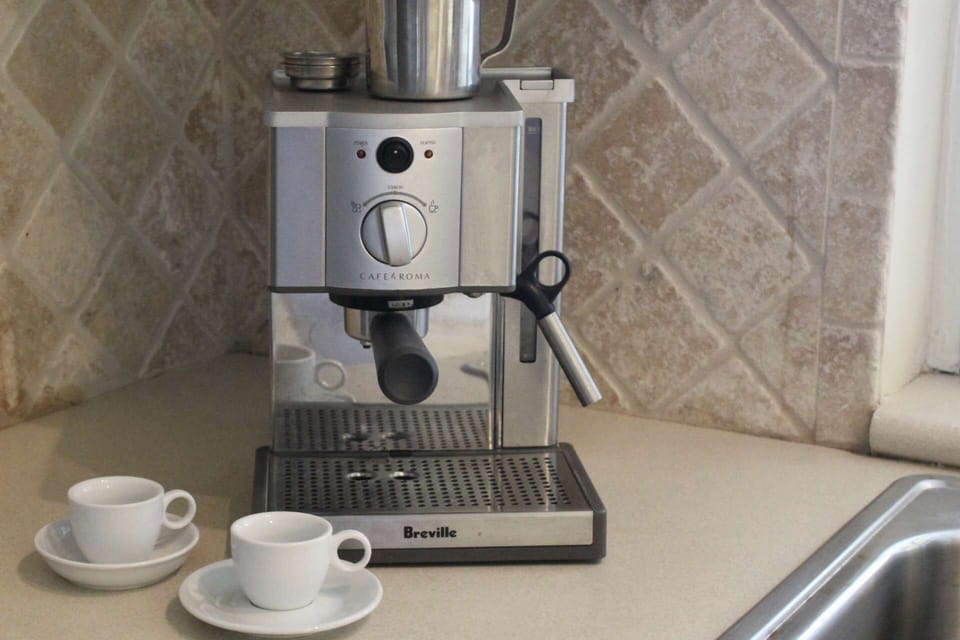 Cappuccinos await you, as well as a regular coffee maker... mornings or afternoons you will find coffee, tea, sugar and creamer.